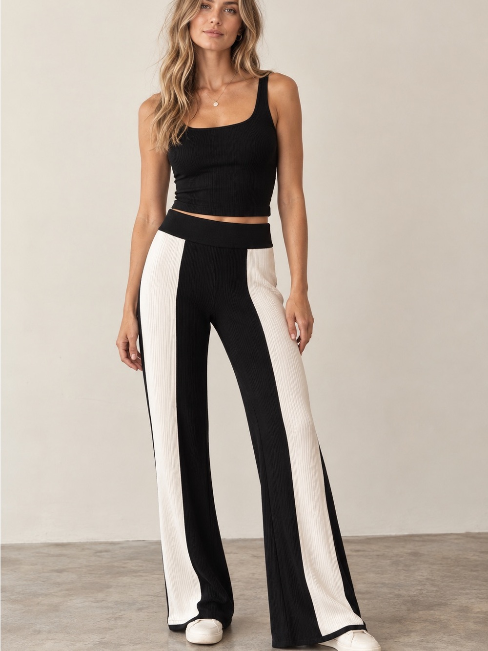 yllw The Label Salem Colorblock Ribbed Knit Flare Pants - Black & White